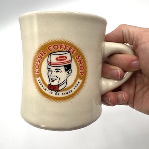 Vintage Fossil Coffee Shop Advertising Mug Heavy White Collectible USA